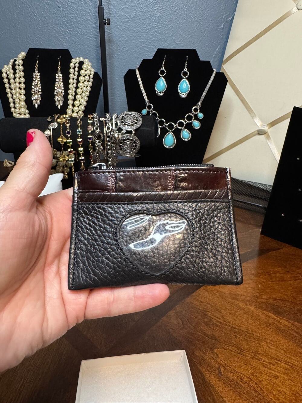 Brighton Black Leather Heart Zip Coin Purse Card Holder Wallet, Genuine Leather